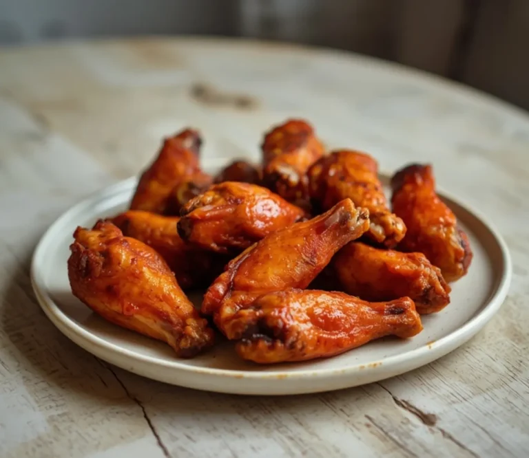 Keto Buffalo Wings: Crispy golden Keto Buffalo Wings with spicy red sauce on a platter.