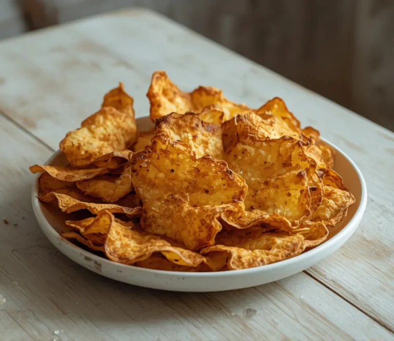Keto Cheese Whisps: Extra crispy golden keto cheese whisps on a wooden board with seasoning sprinkles