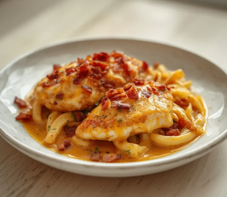 Keto Chicken Carbonara: Creamy Keto Chicken Carbonara with golden chicken and crispy bacon in a skillet.