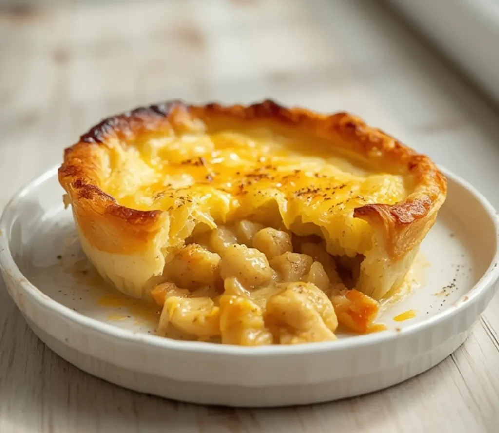 Keto Chicken Pot Pie: Golden flaky keto chicken pot pie with creamy filling in a ceramic dish.