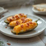 Keto Jalapeno Poppers: Golden keto jalapeno poppers with bubbly cheese and crisp pepper edges on a baking sheet.