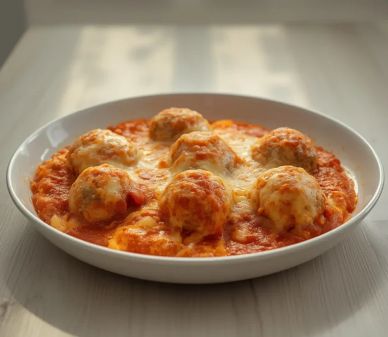 Keto Meatball Sub Casserole: Golden cheesy keto meatball sub casserole bubbling in a dish with savory sauce and meatballs visible.