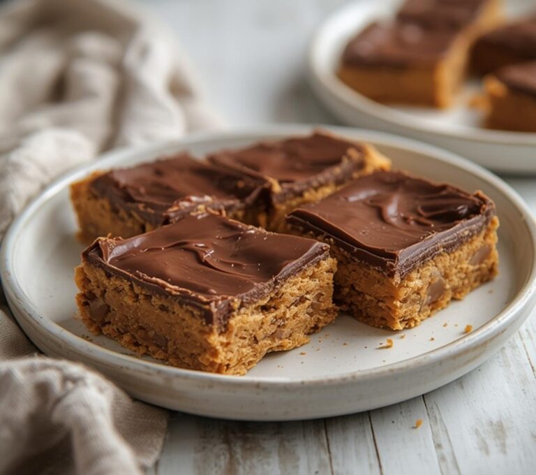 Keto Peanut Butter Bars: No-bake keto peanut butter bars with glistening chocolate top and golden edges on a clean surface.