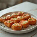 Keto Salami Roll Ups: Crispy keto salami roll ups with creamy cheese filling on a white plate, golden edges and fresh chives