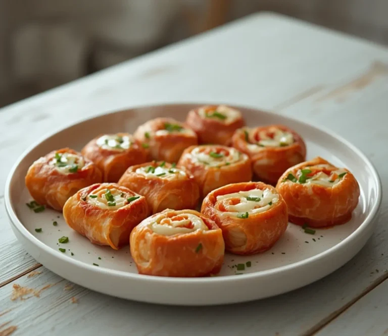Keto Salami Roll Ups: Crispy keto salami roll ups with creamy cheese filling on a white plate, golden edges and fresh chives