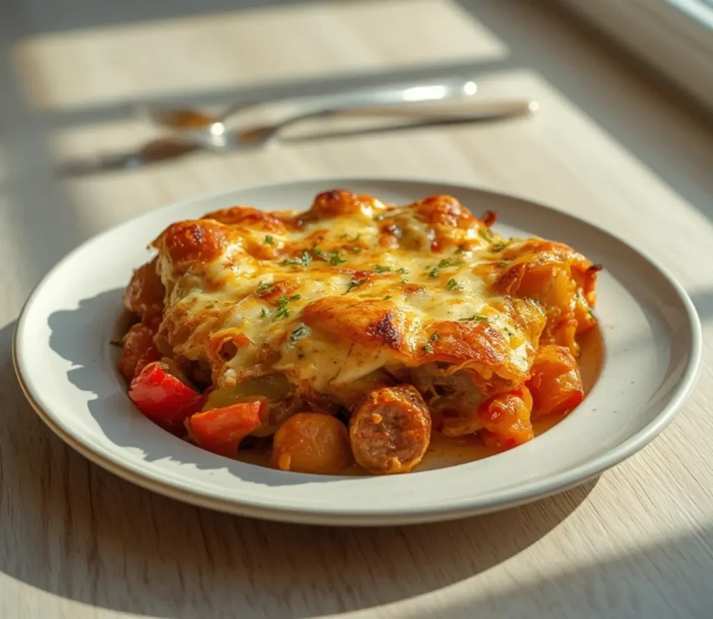 Keto Sausage Peppers Casserole: Golden bubbly Keto Sausage Peppers Casserole in a baking dish with colorful peppers and melted cheese.