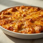 Keto Taco Casserole: Golden baked keto taco casserole with melted cheese and bubbly edges in a baking dish.