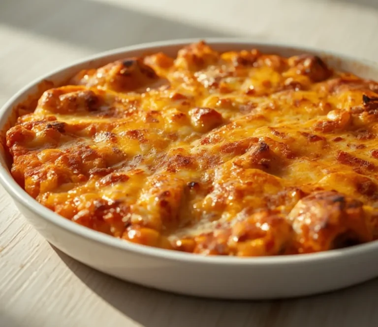 Keto Taco Casserole: Golden baked keto taco casserole with melted cheese and bubbly edges in a baking dish.