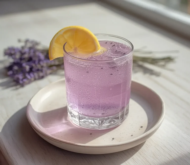 Lavender Mocktail: Gentle purple lavender detox water in a glass pitcher with lemon slice and buds