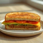 Leftover Meatloaf Sandwich: Golden-brown grilled sandwich with layers of juicy meatloaf, melted cheese, and fresh veggies on sourdough bread.