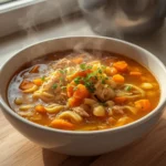 Leftover Rotisserie Chicken Soup: Steaming bowl of golden chicken soup with shredded rotisserie chicken, carrots, celery, and noodles