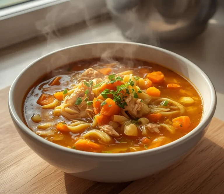 Home 7 Leftover Rotisserie Chicken Soup: Steaming bowl of golden chicken soup with shredded rotisserie chicken, carrots, celery, and noodles