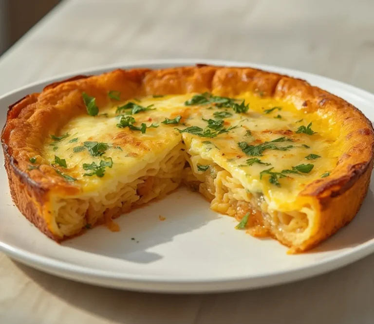 Home 8 Leftover Spaghetti Frittata: Golden brown spaghetti frittata slice on a plate showing layers of pasta and fluffy egg with melted cheese and green parsley.