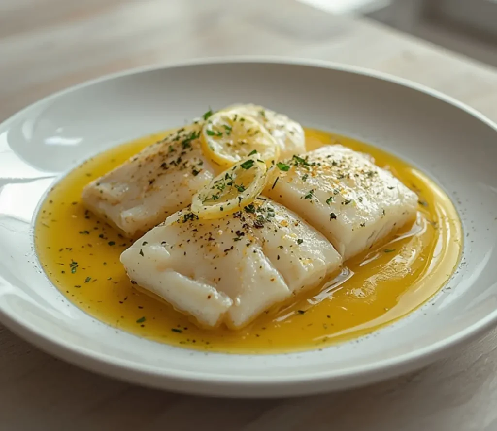 Lemon Herb Cod: Juicy baked cod fillets glistening with lemon butter sauce and herbs on parchment paper