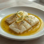 Lemon Herb Cod: Juicy baked cod fillets glistening with lemon butter sauce and herbs on parchment paper
