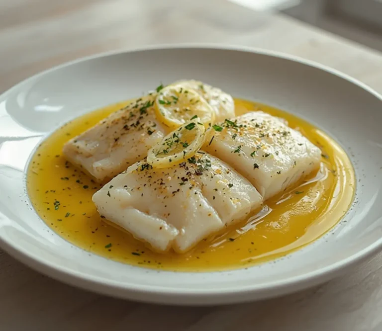 Lemon Herb Cod: Juicy baked cod fillets glistening with lemon butter sauce and herbs on parchment paper