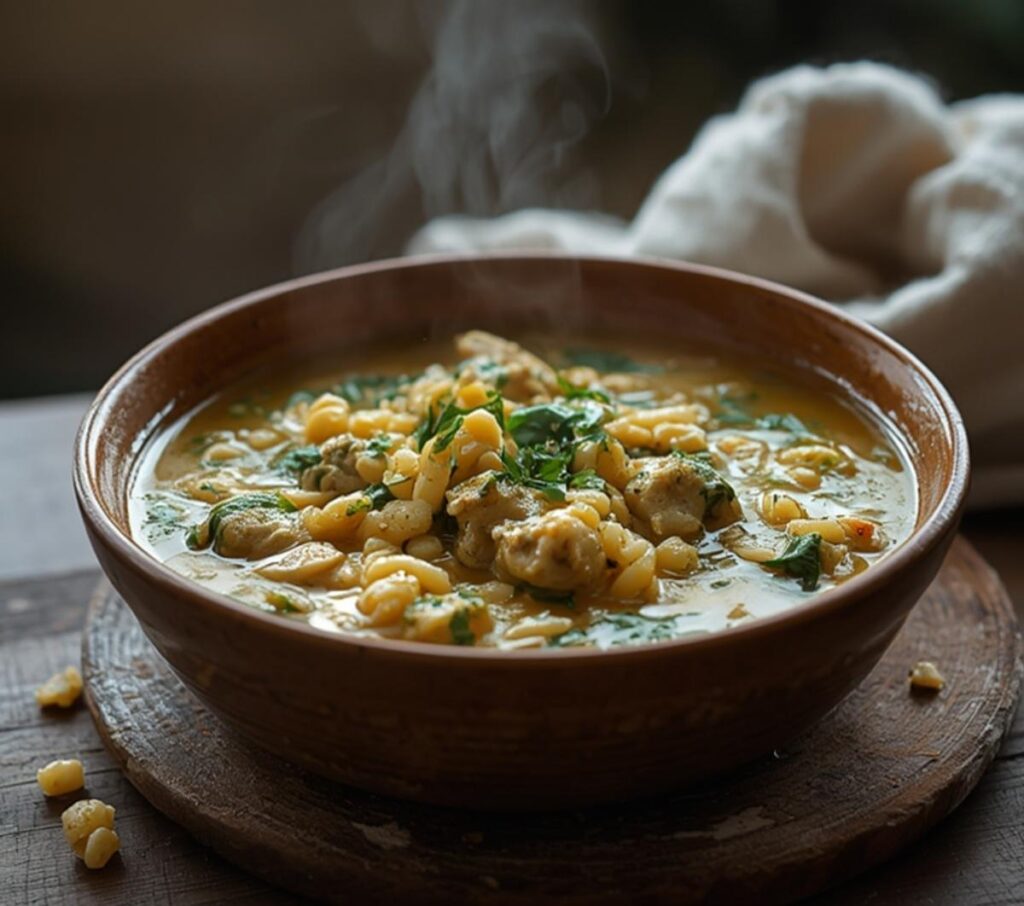 Lemon Orzo Chicken Soup: A bowl of lemon orzo chicken soup with golden chicken and orzo in a light amber broth, garnished with fresh spinach.