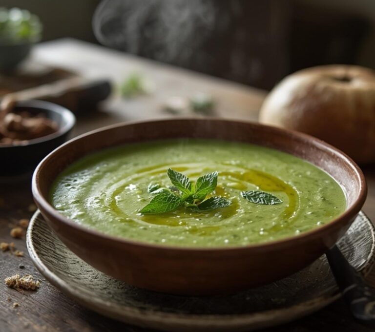Lemony Mint Pea Soup: Creamy green Lemony Mint Pea Soup in a white bowl topped with fresh mint and lemon slices.