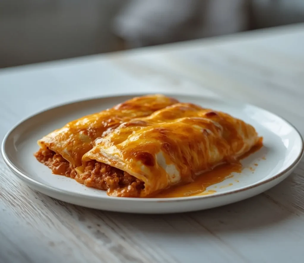 Low Carb Beef Enchiladas: Golden, bubbly low carb beef enchiladas in a baking dish with melted cheese and rich sauce.