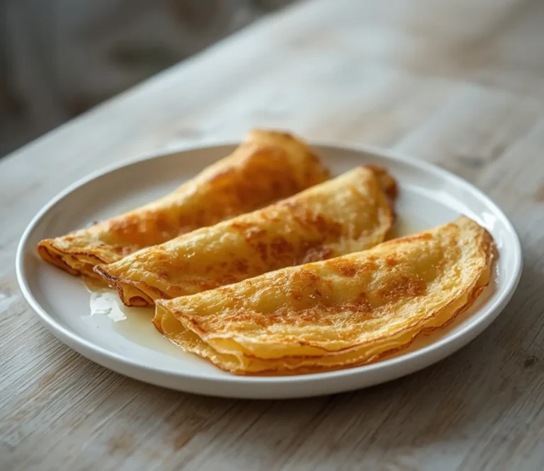 Low Carb Crepes: Golden low carb crepes stacked on a plate with crisp edges and a glistening butter coating.