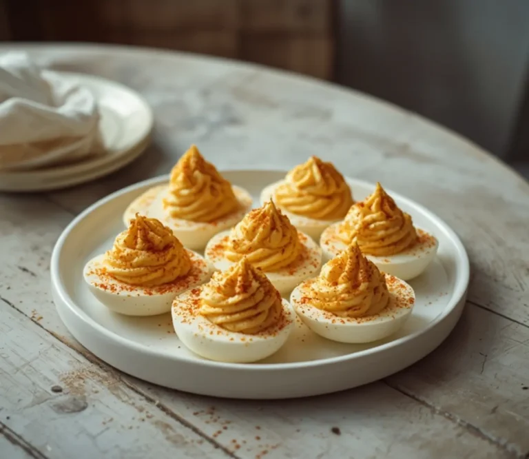 Low Carb Deviled Eggs: Creamy low carb deviled eggs with golden filling and paprika garnish on a white plate.