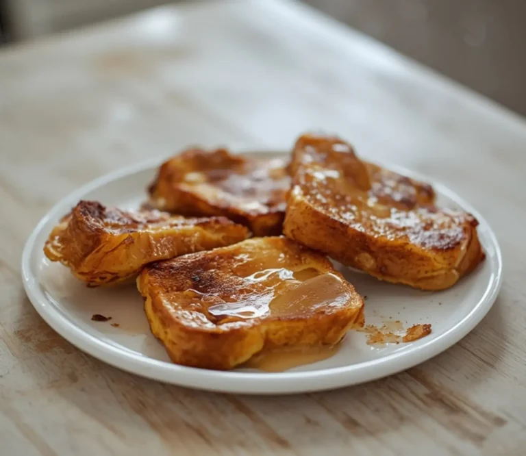 Low Carb French Toast: Golden, caramel-brown low carb french toast slices glistening on a plate with crisp edges.
