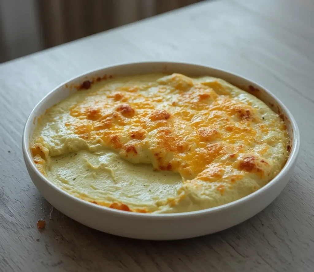 Low Carb Spinach Dip: Golden baked low carb spinach dip in a white dish with bubbly cheese top, ready to serve.