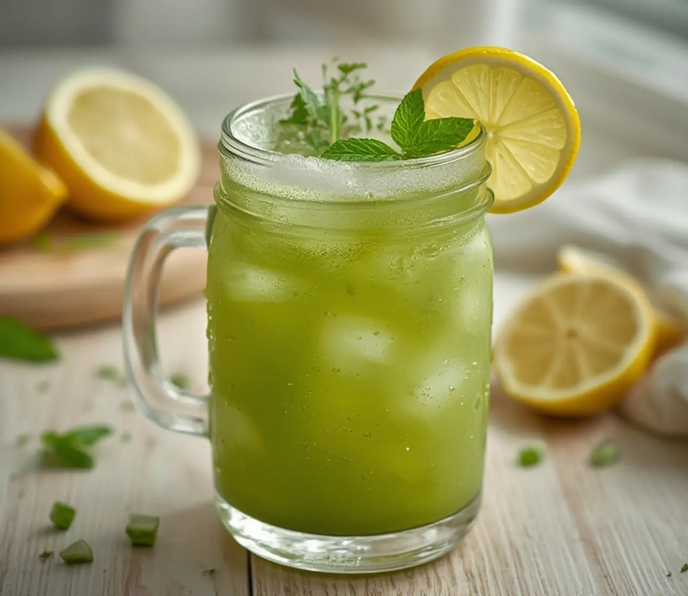Juicy Matcha Lemonade Recipe - Ultimate Detox Drink 4 Matcha Lemonade: Vibrant green Matcha Lemonade in a glass with ice and lemon slice, refreshing detox drink.