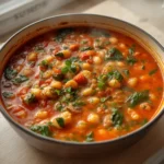 Mediterranean Bean Stew: Hearty Mediterranean Bean Stew simmering in a pot with white beans and spinach