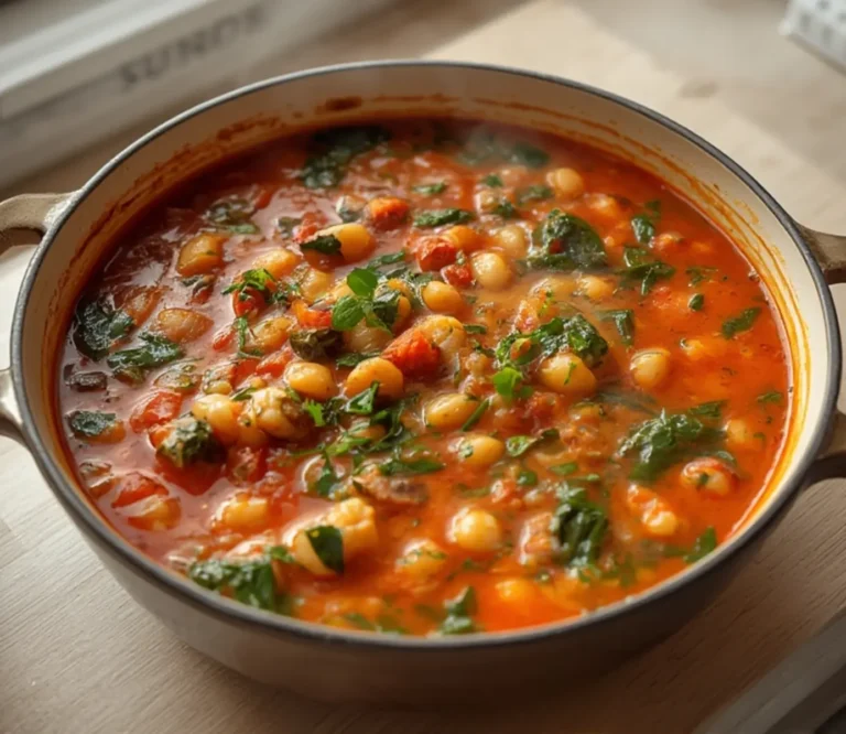 Mediterranean Bean Stew: Hearty Mediterranean Bean Stew simmering in a pot with white beans and spinach