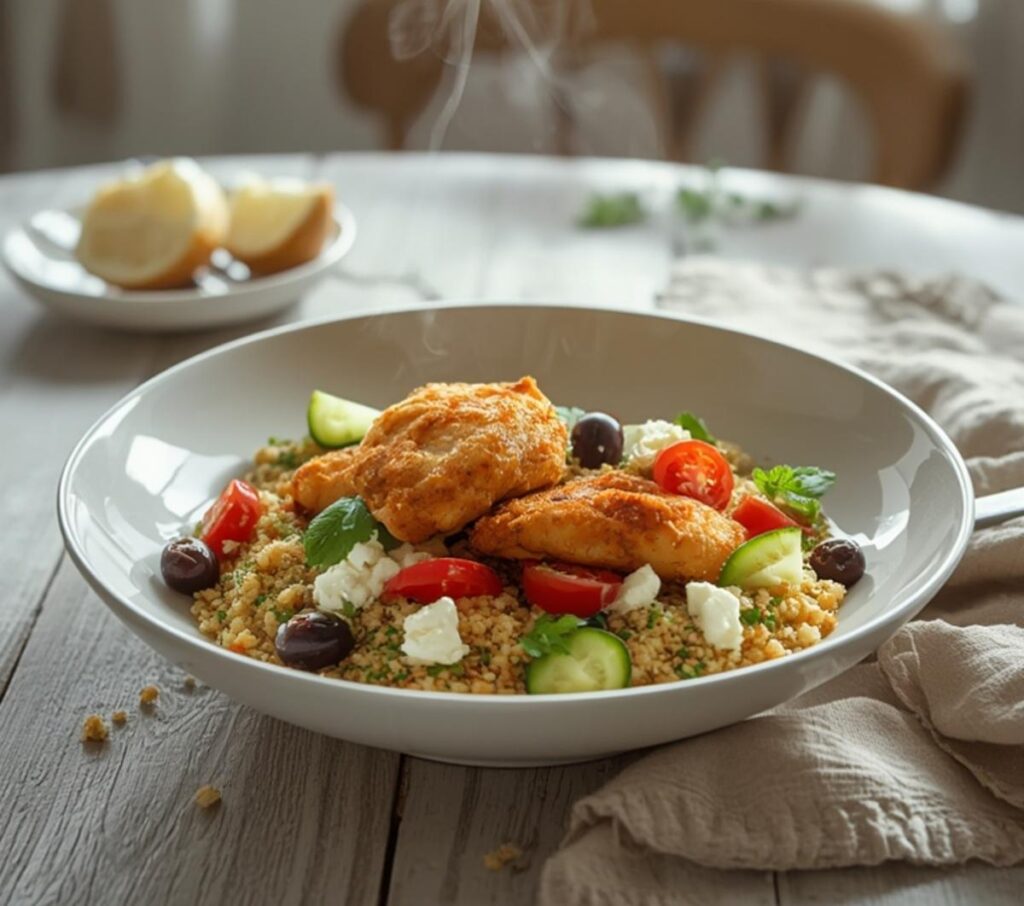 Mediterranean Chicken Bowl: Vibrant Mediterranean chicken bowl with golden chicken, fresh veggies, and feta on quinoa.