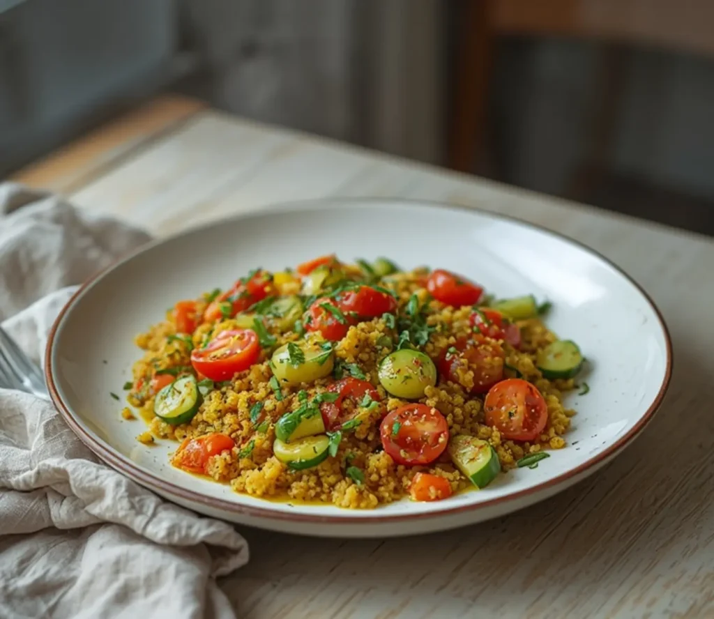 Mediterranean Couscous Salad: A colorful Mediterranean Couscous Salad in a white bowl with fresh vegetables and herbs.