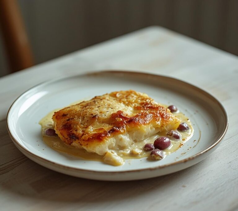 Mediterranean Fish Gratin: Golden baked Mediterranean fish gratin with creamy sauce and olives in a baking dish.