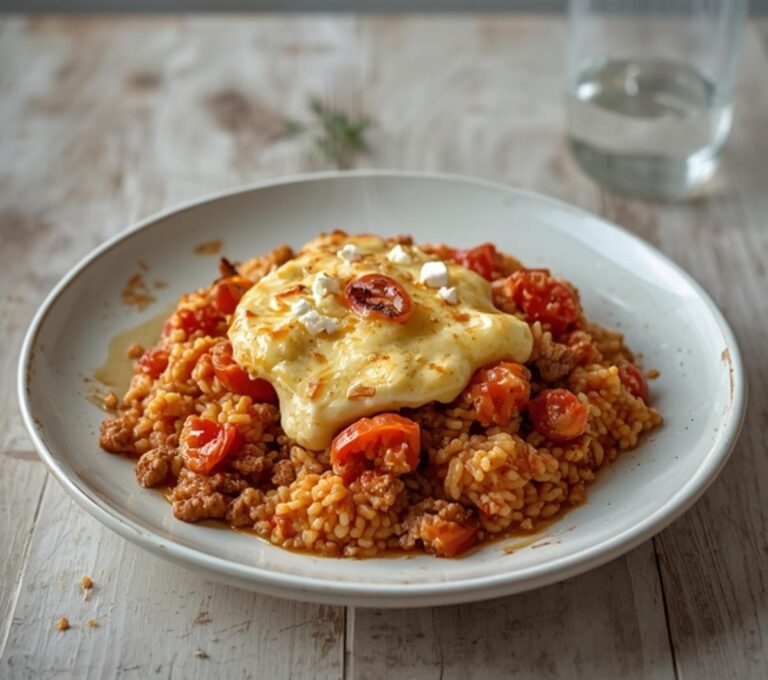 Mediterranean Ground Turkey Rice: Golden Mediterranean ground turkey rice skillet with melted feta and ruby-red tomatoes for a quick dinner.