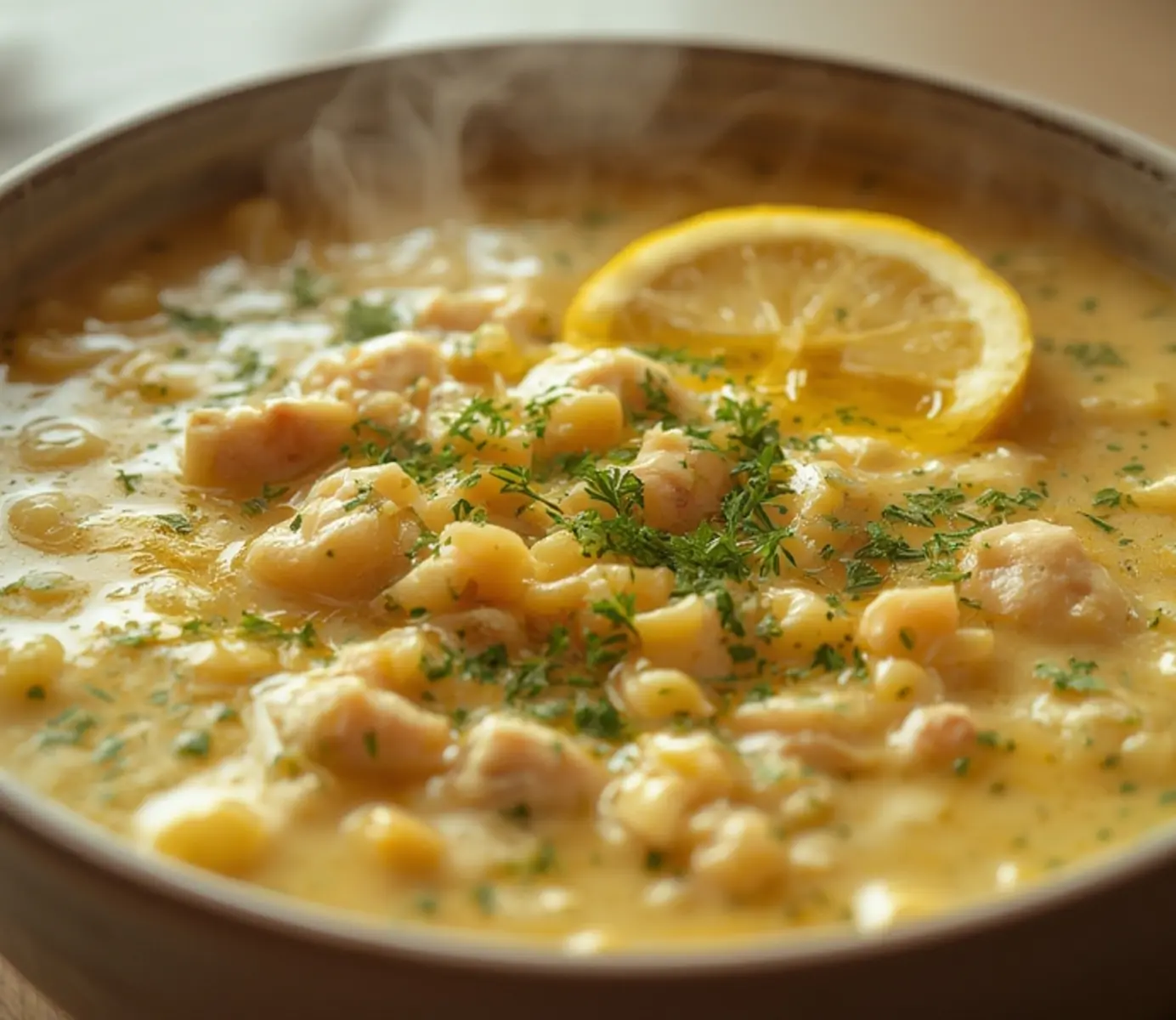 Soothing Mediterranean Lemon Chicken Soup Recipe 4 Mediterranean Lemon Chicken Soup: Creamy Mediterranean Lemon Chicken Soup in a rustic bowl topped with fresh dill and lemon.