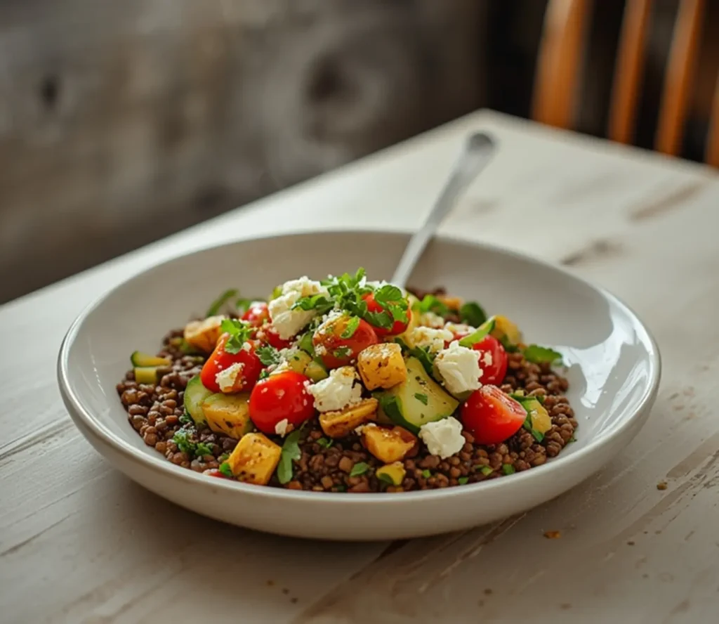 Mediterranean Lentil Salad: A vibrant Mediterranean lentil salad with fresh vegetables and feta cheese in a white bowl, glistening with olive oil dressing.