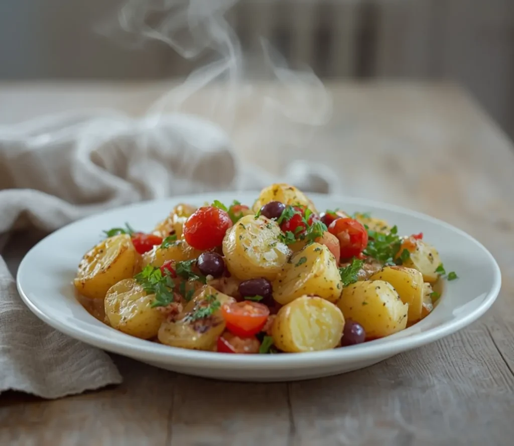 Mediterranean Potato Salad: A bowl of fresh Mediterranean potato salad with golden potatoes, ruby-red tomatoes, and glistening herbs.