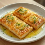 Mediterranean Sea Bass: Golden seared Mediterranean sea bass fillets with lemon garlic butter sauce and fresh parsley garnish.