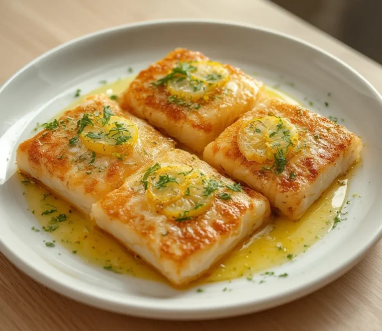 Mediterranean Sea Bass: Golden seared Mediterranean sea bass fillets with lemon garlic butter sauce and fresh parsley garnish.