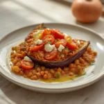 Mediterranean Stuffed Eggplant: Golden roasted Mediterranean stuffed eggplant boats filled with chickpeas, tomatoes, and melted feta cheese on a baking sheet
