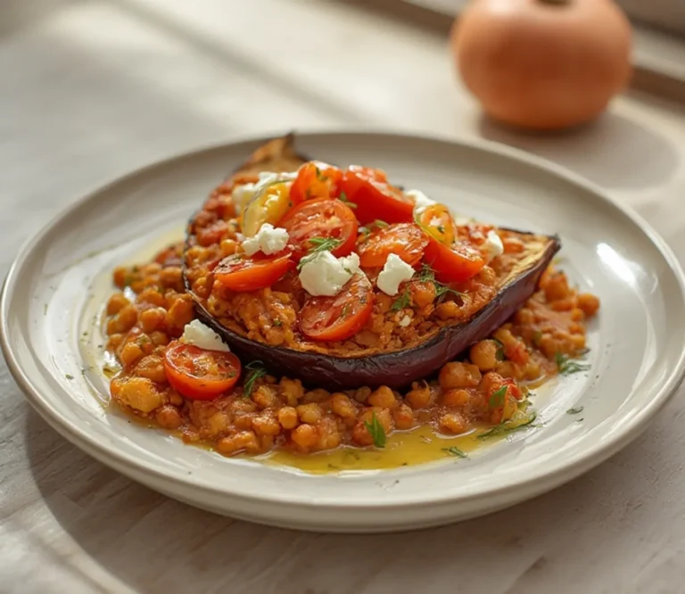 Mediterranean Stuffed Eggplant: Golden roasted Mediterranean stuffed eggplant boats filled with chickpeas, tomatoes, and melted feta cheese on a baking sheet