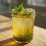 Minty Green Tea: Refreshing Minty Green Tea in a clear glass with fresh mint leaves and golden hue