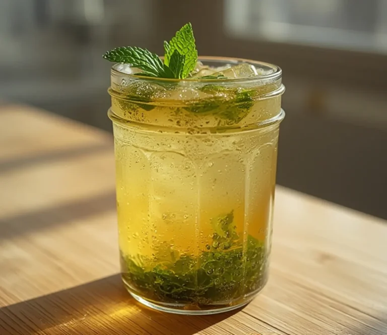 Minty Green Tea: Refreshing Minty Green Tea in a clear glass with fresh mint leaves and golden hue