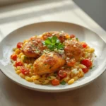 One Pan Orzo Chicken: Golden chicken and creamy orzo in a skillet with cherry tomatoes and feta for One Pan Orzo Chicken.