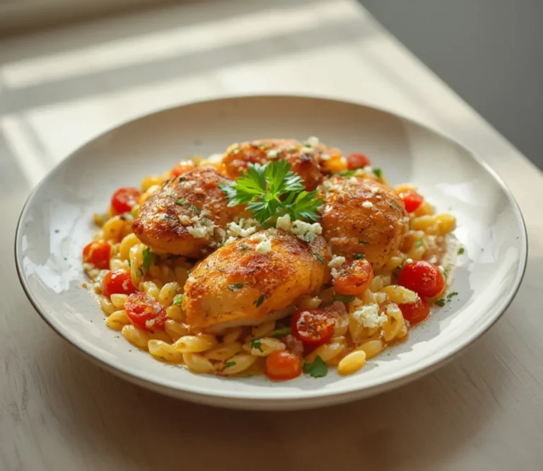 One Pan Orzo Chicken: Golden chicken and creamy orzo in a skillet with cherry tomatoes and feta for One Pan Orzo Chicken.