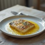 Pan Seared Sea Bass: Golden pan seared sea bass fillets with a crispy skin and glistening lemon butter sauce, served on a plate for a healthy Mediterranean dinner.