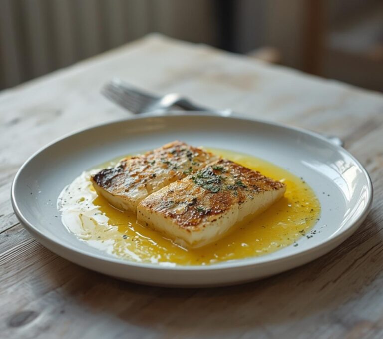 Pan Seared Sea Bass: Golden pan seared sea bass fillets with a crispy skin and glistening lemon butter sauce, served on a plate for a healthy Mediterranean dinner.