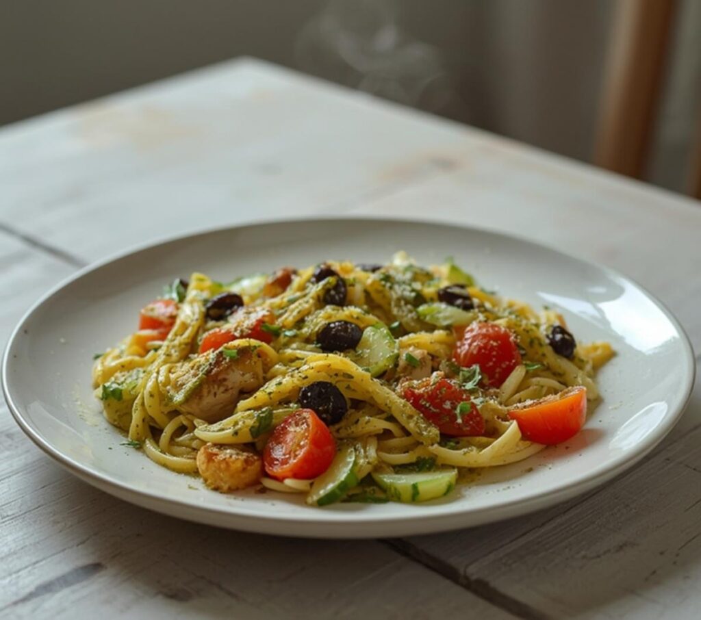 Pesto Chicken Pasta Salad: A vibrant bowl of pesto chicken pasta salad with golden pasta, ruby-red tomatoes, and fresh herbs on a marble surface.