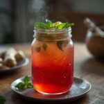 Pineapple Ginger Detox Drink: Ruby-red pineapple ginger detox drink in a glass with mint, glistening and refreshing