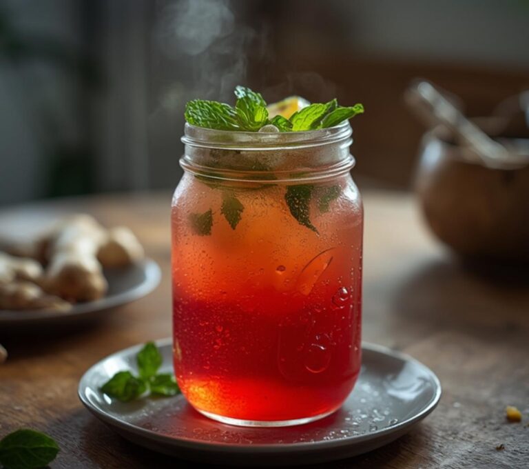 Pineapple Ginger Detox Drink: Ruby-red pineapple ginger detox drink in a glass with mint, glistening and refreshing